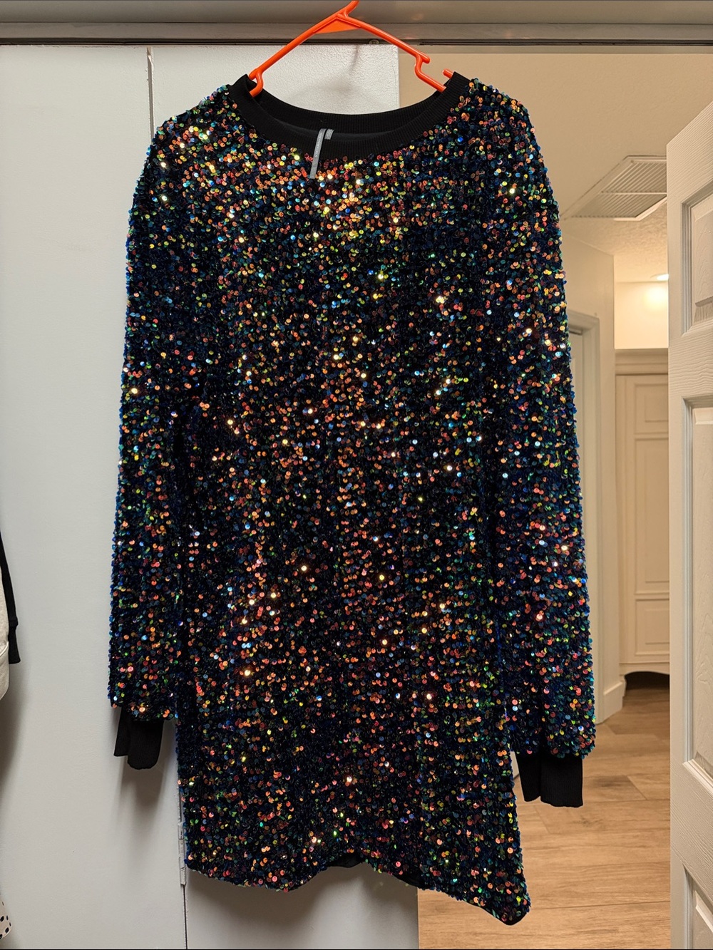Anthropologie Black Sequin Crewneck Dress with Multicolor Shine